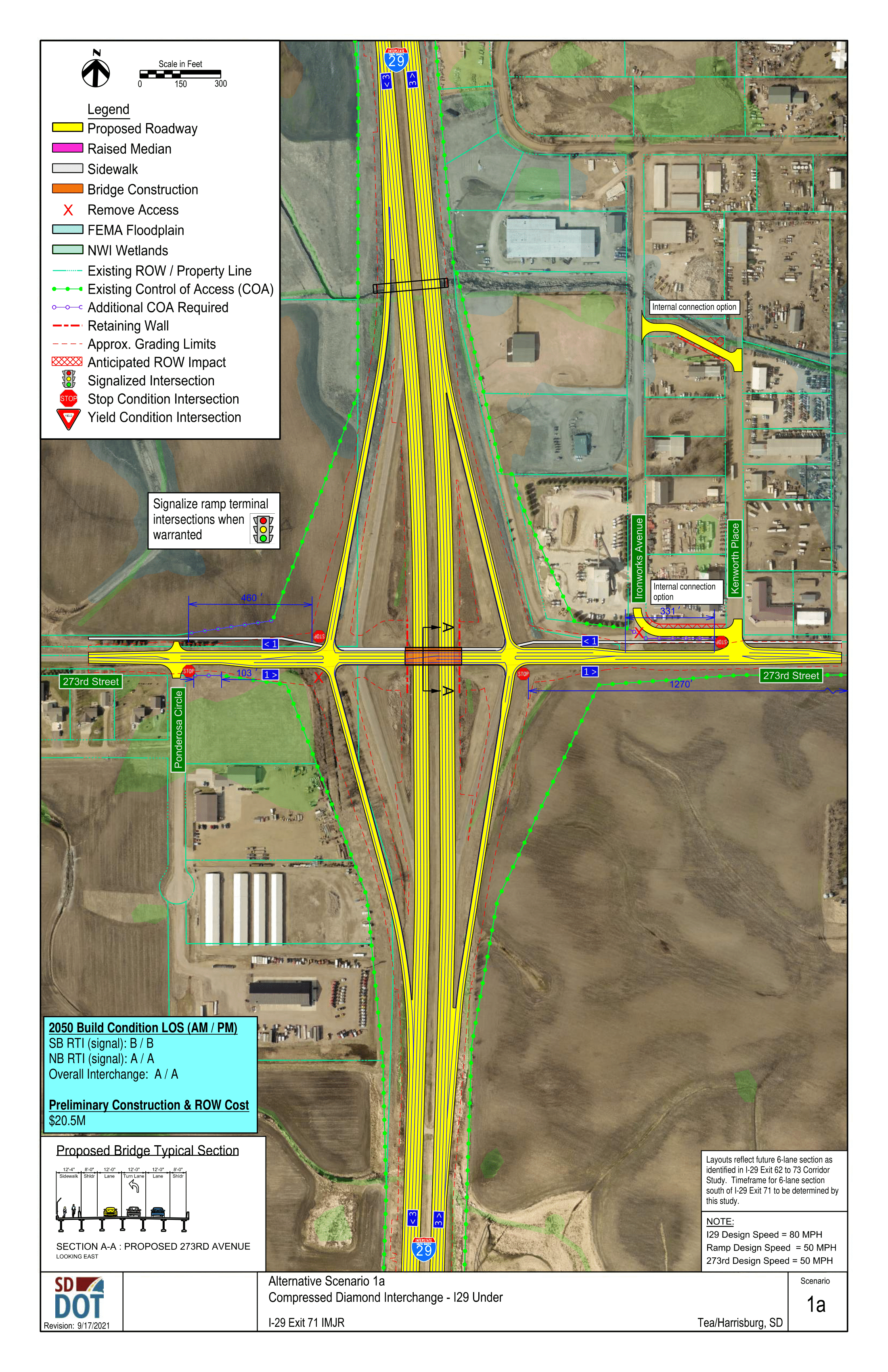 This image shows the conceptual layout of a Compressed Diamond Interchange, and what the road under it would look like. Details on the diagram include proposed roadway, raised median, sidewalk, bridge construction, access control, FEMA floodplain, NWI wetlands, existing Right of Ways and property lines, existing control of access points, additional control of access points needed, retaining walls, grading limits, anticipated right of way impacts, signalized intersections, stop condition intersections and yield condition intersections.